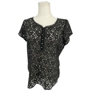 White House Black Market Black Lace Short Sleeve Button Up Blouse Womens‎ M Goth